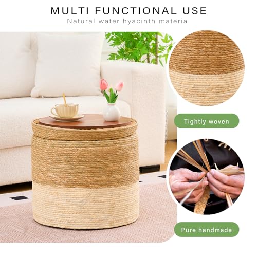 Wimarsbon 18'' Ottoman Pouf, Natural Braided Poof, Rustic Handweave Lounge Pouffe, Boho Footrest Stool for Bedroom, Accent Table for Living Room (Stoage - 18inch Cattail+Beige Corn Husk L) - color: Stoage - 18inch Cattail+beige Corn Husk L