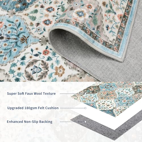 ROYHOME Small Rug Moroccan Trellis Washable Area Rug Doormat Stain Resistant Non-Slip Entryway Rug Distressed Floral Floor Carpet for Indoor Front Entrance Kitchen Bathroom, Blue/Taupe, 2' x 3' - color: Blue/Taupe, size: 2' x 3' (Rectangular)