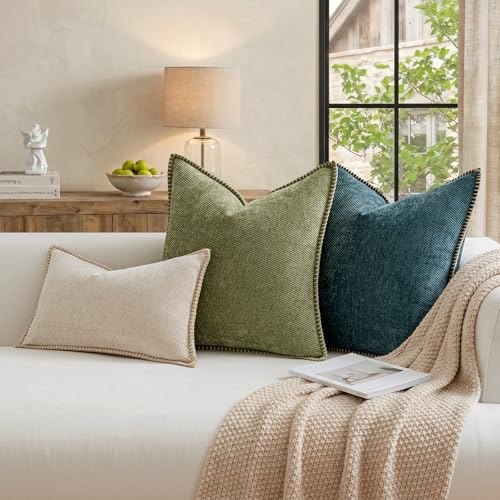 a moment Pack of 2 Decorative Chenille Throw Pillow Covers with Twill Cushion Covers for Sofa Living Room Couch Bed 16x16 Inch,Crafted Border Dark Teal - color: 1.crafted Border Dark Teal, size: 16" x 16" (Pack of 2)