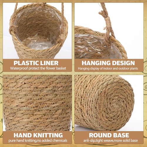 6 Pcs Seagrass Hanging Planter Basket Hand Woven Plant Basket with Plastic Liners Hanging Plant Holder Storage Containers with Cotton Rope for Indoor Outdoor Garden Home Decor (Brown) - color: Brown, size: Small