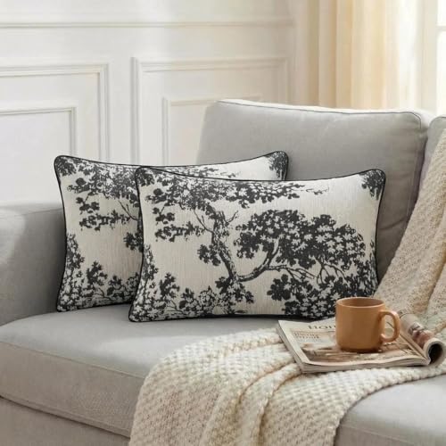 Mantle & Mason Floral 12x20 Lumbar Pillow Covers Set of 2, French Vintage Woven Jacquard Decorative Accent Pillow Cases for Couch, 430GSM Thick Chenille & Luxury Velvet, Black - color: Tree Pattern Black, size: 20" x 12" (Pack of 2)