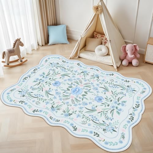 Blue Floral Area Rug 5x7, Washable Scalloped Boho Carpet for Girls Bedroom, Living Room, or Nursery, Cute Non-Slip Soft Cottagecore Rug for Kids Room or Playroom Home Décor - color: Blue Scalloped, size: 5' x 7' (Rectangular)