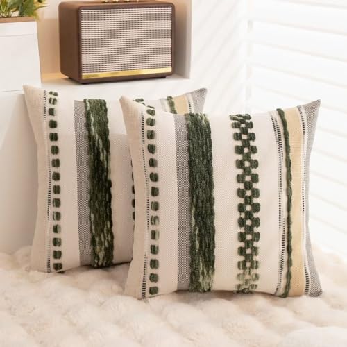 Boho Throw Pillow Covers 18x18 Set of 2 Christmas Decorative Cushion Case Striped Square Pillows Cover Chenille Pillow Cases Accent Neutral Pillowcase for Sofa Couch Bed,Dark Green - color: Dark Green Stripe