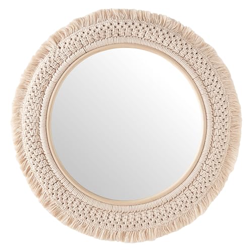 Jade Round Boho Wall Mirror with Natural Rattan Frame and Handwoven Macrame Fringe – Hanging Accent Mirror for Bathroom, Bedroom, or Nursery