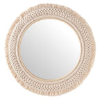 Jade Round Boho Wall Mirror with Natural Rattan Frame and Handwoven Macrame Fringe – Hanging Accent Mirror for Bathroom, Bedroom, or Nursery