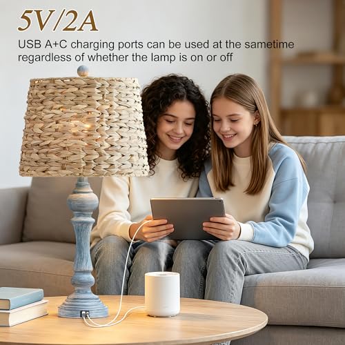 Maxax 26" Boho Rattan Table Lamps Set of 2 with USB A+C Ports, Coastal Bedside Lamps with Rattan Shade, Distressed Antique Blue Farmhouse Wicker Lamps, Rustic Resin Nightstand Lamps for Living Room - color: Antique Blue