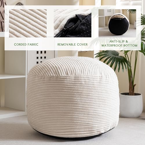 HIGOGOGO Round Stuffed Pouf Ottoman, Corduroy Poufs with Foam Chunk Filling, Furry and Fluffy Pouf Foot Stool Storage Ottoman, 26 X 18 Floor Poufs Foot Rest for Living Room, Beige - color: Beige, size: 26"D x 26"W x 18"H