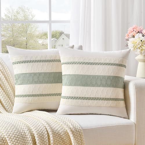 Fancy Homi Set of 1 Sage Green Boho Decorative Throw Pillow Covers 16x16 Inch for Living Room Bedroom Couch Bed Indoors, Rustic Retro Cushion Case 40x40 cm, Bohemian Room Home Decor - color: Sage Green, size: 16" x 16" (Pack of 1)