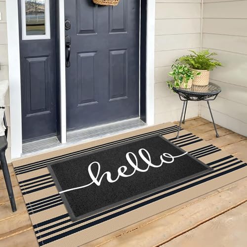 KILOCOCO Striped Rug 3'X5' Front Door Mat Outdoor Welcome Mats Rugs Outdoor Cotton Washable Front Porch Rug Layered Doormats for Kitchen/Farmhouse/Entryway/Patio, Brown - color: Brown and Black Stripe, size: 3' x 5' (Rectangular)
