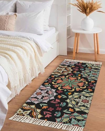 Black Boho Kitchen Runner Rug 2' x 4', Ethnic Country Colorful Abstract Floral Motifs Washable Rug with Tassels, Non Slip Woven Cotton Bathroom Rugs Hallway Carpet for Foyer Bedroom Entry Back Door - color: Multicolor Black, size: 2' x 4' (Rectangular)