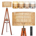 OUTON Boho Rattan Tripod Floor Lamp with Shelves, Remote Control, Dimmable Mid Century Modern Standing Lamp 58.5" for Bedroom, Living Room & Office, Lamp Shade Includes E26 9W Bulb, Walnut - color: Walnut & Rattan Shade