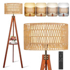 OUTON Boho Rattan Tripod Floor Lamp with Shelves, Remote Control, Dimmable Mid Century Modern Standing Lamp 58.5" for Bedroom, Living Room & Office, Lamp Shade Includes E26 9W Bulb, Walnut - color: Walnut & Rattan Shade