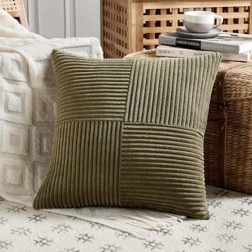Fancy Homi 2 Packs Olive Green Samll Decorative Throw Pillow Covers 12x12 Inch with for Couch Bed Sofa, Rustic Farmhouse Boho Home Decor, Soft Corss Patchwork Corduroy Square Cushion Case 30x30 cm - color: Olive Green, size: 12" x 12" (Pack of 2)