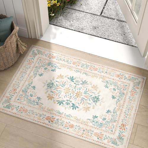 jinchan Spring Floral 2x3 Rugs for Entryway - Vintage Washable Area Rug Ultra-Thin Low Pile Soft Small Non Slip Distressed Indoor Doormat Accent for Entrance Kitchen Bedroom (2x3ft, Apricot Multi) - color: Floral Apricot Multi, size: 2' x 3' (Buttery Soft