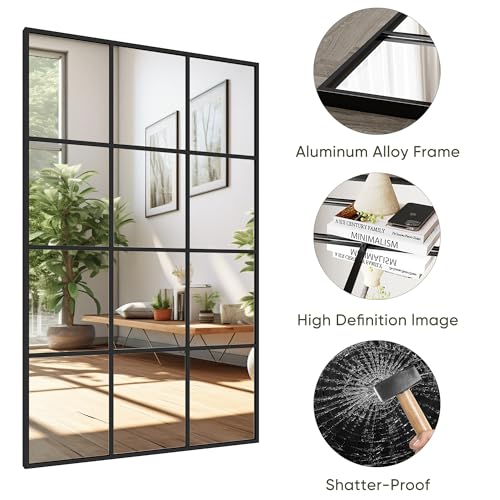 Suidia Wall Mirror, 30" x 48" Window Decorative Mirrors, Metal Framed Wall Decor Wall-Mounted Mirrors for Bedroom, Living Room, Entryway, Black - color: Black, size: 48"L x 30"W