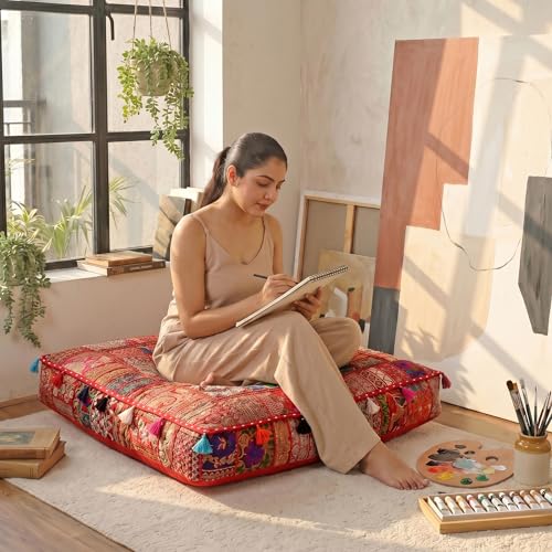 THE ART BOX Cotton Patchwork Vintage Boho Embroidered Floor Pillows & Cushion Cover Dog Pouf Seating Pouf Meditation Pillow Pet Bedding Cat Bed Boho Home Décor (35x35 Inches, Cover Only) - color: Red