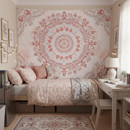 Accnicc Pink Floral Mandala Tapestry Wall Hanging Boho Medallion Tapestry Aesthetic Watercolor Flower Cute Extra Large Tapestries for Bedroom Living Room Dorm Decor 90 x 68 Inch - color: Light Pink, size: 90"L x 68"W