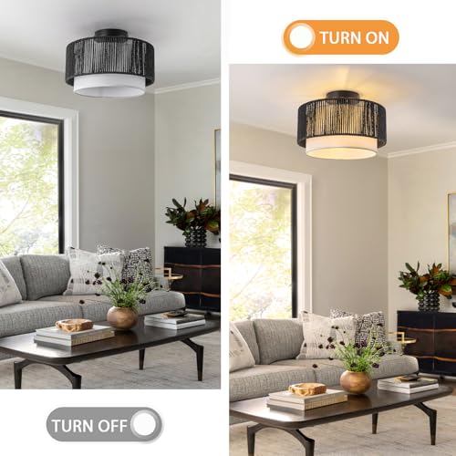 SineRise 12'' Rattan Flush Mount Ceiling Light Fixture,2-Tier Drum Hand-Woven Boho Flush Mount Ceiling Light,Farmhouse Light Fixture for Living Room,Kitchen,Bedroom Foyer Entryway ect.（Black） - color: Black, size: Small Ceiling