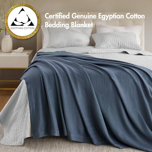 Madison Park 100% Egyptian Cotton Lightweight Summer Blanket, Breathable Waffle Knit Design, Soft Cozy All-Season Throw for Bed, Couch or Sofa, Navy Blue Full/Queen Size (90"x90") - color: Blue, size: Full/Queen