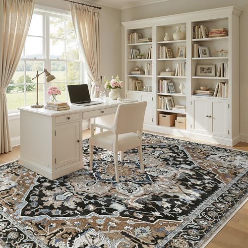 8x10 Black Farmhouse Area Rug - Vintage Boho Washable Rug - Non-Slip Stain & Tumble Resistant Large Carpet for Living Room, Bedroom, Dining Room Under Table, Black Multi - color: Black & Multi, size: 8' x 10' (Rectangular)