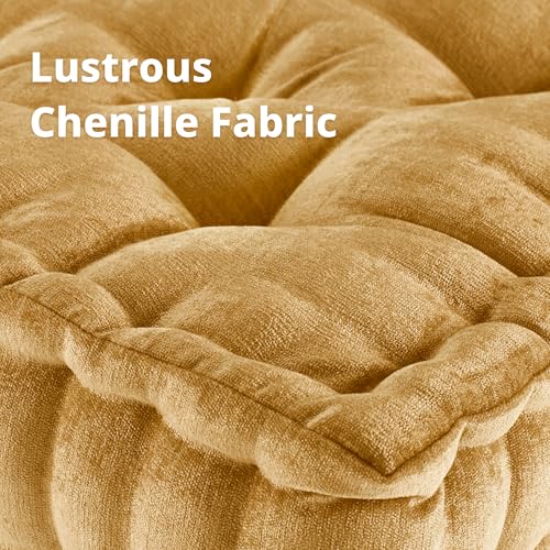 Intelligent Design Floor Pillow - Shredded Foam Filled Meditation & Yoga Cushion, Chenille Tufted, Handsewn Scalloped Edge, Oeko-TEX Certified, Azza, 20" x 20" x 5" Yellow - color: Yellow