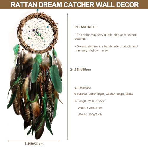 Dream Catcher Native American Boho Dreamcatcher Rattan Wall Decor, Handmade Natural Peacock Feathers Green Colorful Beaded Hanging Oranment Indian Decor for Girls Bedroom (Green Peacock Feather) - color: Green Peacock Feathers