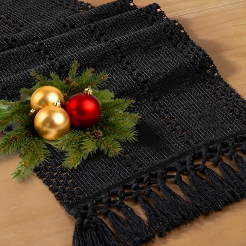 Socomi Boho Table Runner Summer Farmhouse Woven Cotton Linen Rustic Coffee Table Runner with Tassels for Dresser Scarf Home Decor Dining Room 12x90 inch Black - color: Black, size: 12" X 90"