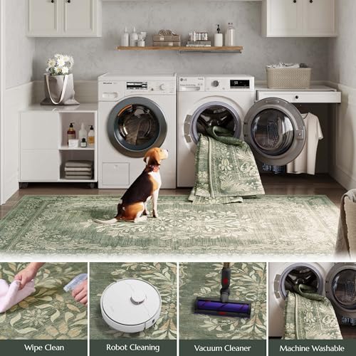 jinchan Green Floral 2x3 Rug for Entryway - Vintage Washable Area Rug Ultra-Thin Low Pile Soft Small Non Slip Distressed Doormat for Entrance Kitchen Bathroom Bedroom (2x3ft,Dark Green) - color: Floral Dark Green, size: 2' x 3' (Buttery Soft)