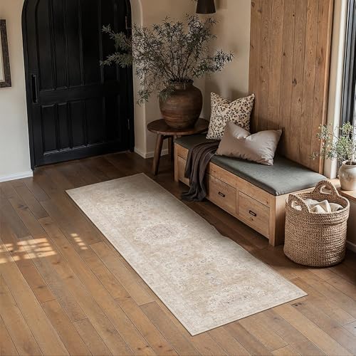 HUGEAR Hallway 2x6 Runner Rugs Machine Washable Rugs Vintage Beige Non-Shedding Low Pile Persia Throw Carpet Non Slip for Living Room Bedroom Dining Room Kitchen Office Home Decor - color: Beige Ⅱ, size: 2' x 6' (Runner)