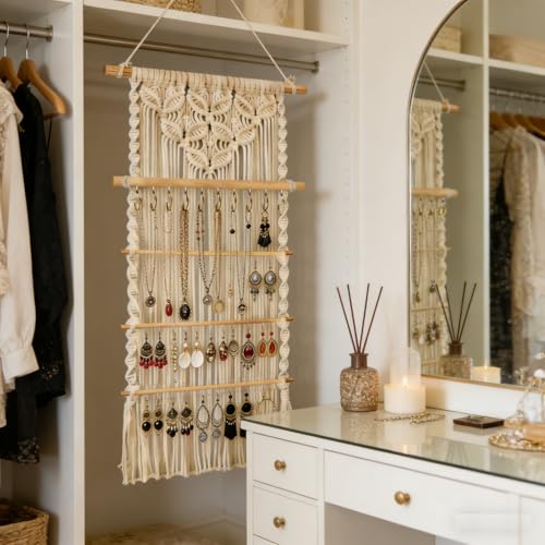 Macrame Jewelry Hanger, Hanging Jewelry Organizer,Boho Earring Holder Wall Mounted Necklace Holder, Tapestry Earrings Display, Bracelet Storage Minimalist Decor Tassel for Women Room (White) - color: White