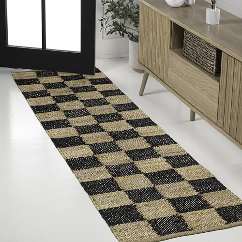 JONATHAN Y Theo Woven Jute Checkerboard Natural/Black Runner Rug, 2x8, Modern, Farmhouse, Rustic, Lodge, Easy-Cleaning for Living Room, Bedroom, Kitchen, Non-Shedding (NRF203B-28) - color: Natural/Black, size: 2' x 8' (Runner)