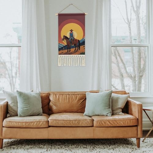 QMNBTES West Cowboy Wall Tapestry with Tassels Long Tapestry Wall Hanging Vertical Custom Tapestries Aesthetic Hanging Tapestries Boho Wall Art Decoration for Bedroom Living Room Dorm 19.6x10 Inch