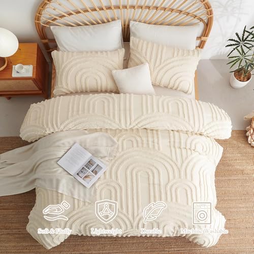 Boho Tufted Comforter Queen Size Beige Geometric Tufted Comforter Set Bohemian Arch Tufted Bed Set 3 Pieces Shabby Chic Embroidery Soft Jacquard Bedding for All Seasons with 2 Pillowshams - color: Geometry, size: Queen (90"x90")