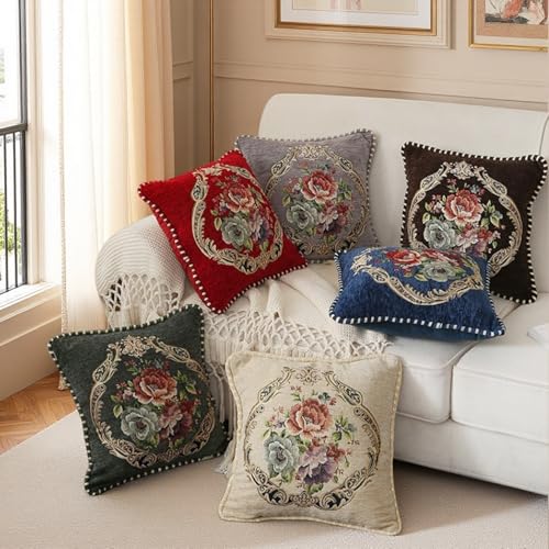 Set of 2 Vintage Floral Throw Pillow Covers 18x18 Inch, Gray Chenille Embroidered Cushion Cases, Decorative Euro Shams for Couch Sofa Bed Farmhouse Home Decor - color: Gray
