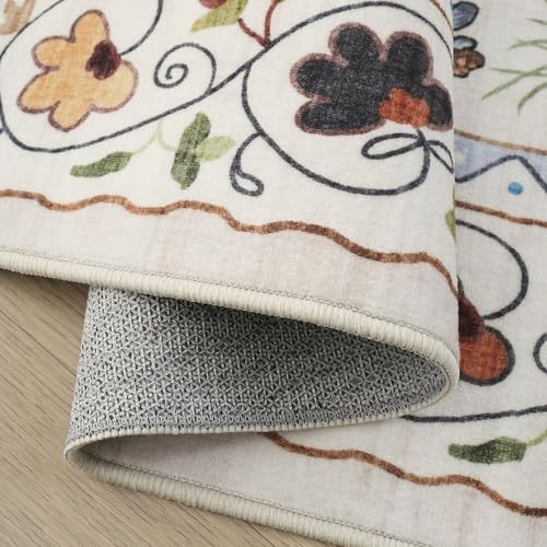 Rugcomf 2x5 Runner Rug - Floral Cat Machine Washable Kitchen Rug, Non-Slip Low Pile Boho Carpet for Hallways, Laundry, Entryway, Bedroom, Bathroom - Beige - color: Beige/Cat, size: 2' x 5' (Rectangular)