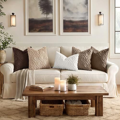 decorUhome Throw Pillow Covers 16x16 Inch Set of 2, Soft Plush Faux Wool Brown Solid Couch Pillow Covers, Accent Farmhouse Neutral Square Pillow Cases for Sofa Bed Living Room - color: Brown, size: 16" x 16" (Pack of 2)