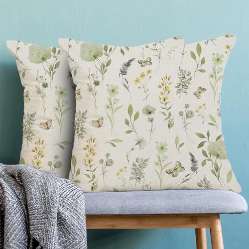 AEIOAE Spring Pillow Covers 16x16 Inch Set of 2, Sage Green Yellow Wild Flower Throw Pillows Case,Colorful Seasonal Floral Plant Outdoor Decorative Farmhouse Decor Cushion Covers for Sofa Bed Couch - color: Sage Green Yellow Flowers, size: 16" x 16" (Pack