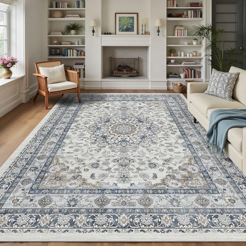 Farmhouse Living Room Rug 8x10, Distressed Washable Area Rug for Bedroom, Dining Room Under Table - Vintage Low Pile & Non-Slip Carpet, Soft Cozy Stain Resistant Accent Mat(Blue & Brown) - color: Blue / Grey / Brown, size: 8' x 10' (Rectangular)