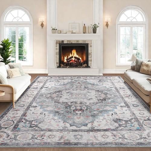Area Rug 9x12 for Living Room - Machine Washable Non-Slip Vintage Rugs for Bedroom - Low Pile Thin Large Floor Carpet for Dinning Room Home Office,Blue/Green - color: Blue/Green, size: 9' x 12' (Rectangular)