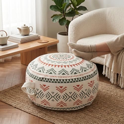 MOCOFO Unstuffed Round Pouf Cover - Boho Geometric Ottoman Footstool Cover with Handle, Tribal Fabric Floor Cushion Storage Bag for Living Room, Bedroom, Nursery (Sage Green/Terracotta) - color: Sage Green/Terracotta