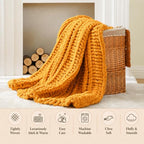 Battilo Cozy Mustard Throw Blanket 50" x 60" | Hand Knitted Chunky Knit Throw Blanket, Soft Jumbo Chenille for Couch Sofa Bed - color: Mustard