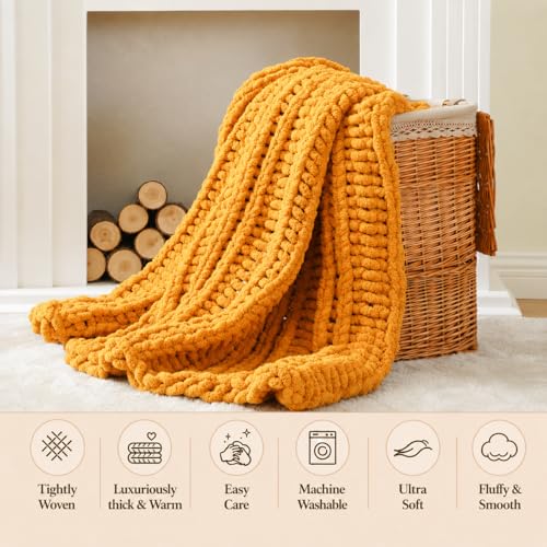 Battilo Cozy Mustard Throw Blanket 50" x 60" | Hand Knitted Chunky Knit Throw Blanket, Soft Jumbo Chenille for Couch Sofa Bed - color: Mustard