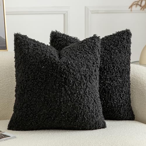 Pack of 2 Curly Teddy Wool Faux Fur Throw Pillow Covers Fuzzy Accent Soft Sherpa Pillowcases Sheepskin Fleece Decorative Cushion Case for Sofa Couch Living Room 16x16 Inch Black - color: Black, size: 16" x 16" (Pack of 2)
