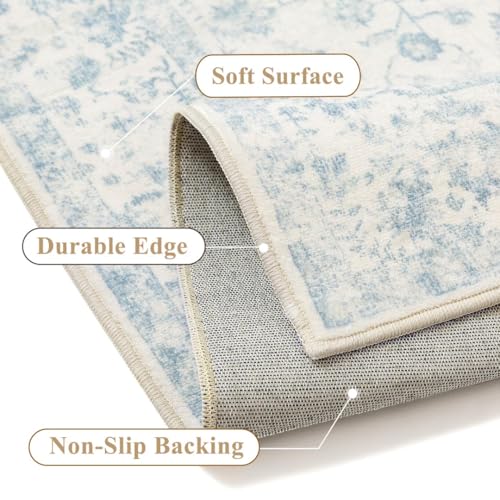 PureCozy 2x3 Blue Entryway Area Rug Machine Washable Door Mat Kitchen Vintage Distressed Non Slip Carpet Indoor Retro Floral Accent Throw Small Rug for Bathroom Office Bedroom Living Dining Room - color: Blue, size: 2' x 3' (Rectangular)