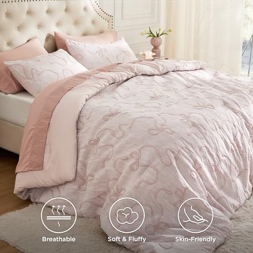 Bedsure Pink Comforter Set Queen, GentleSoft™ 3 Pieces Breathable Bow Comforter Set Women Girls with 2 Pillow Shams, Cute Queen Bedding Sets Pink Room Decor Aesthetic Bedroom Decor, 90x90 Inches - color: 01 - Bow Pink, size: Queen (90" x 90")