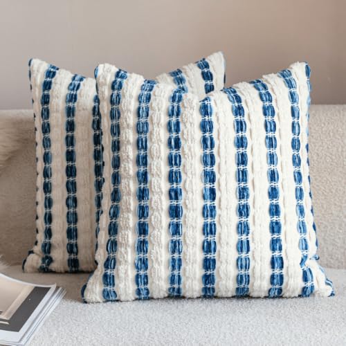 Caflife Boho Throw Pillow Covers 22x22 Inch Set of 2, Farmhouse Blue Striped Textured Chenille Decorative Couch Pillow Cases, Rustic Accent Cushion Covers for Sofa Bed Living Room Bedroom - color: Blue, size: 22" x 22" (Pack of 2)