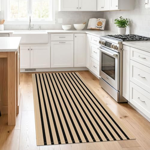 KILOCOCO Striped Rug 3'x5' Front Door Rug Woven Cotton Washable Stripe Layered Doormats Indoor Outdoor Door Mat for Front Porch/Kitchen/Farmhouse/Entryway/Patio, Brown - color: Brown and Black Stripes, size: 3' x 5' (Rectangular)