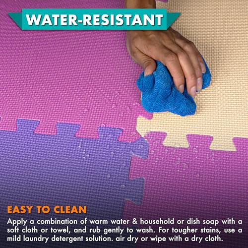 ProSource Baby Play Mat, Soft Foam Floor Tiles for Kids, Interlocking EVA Panels for Playpen Use, Crawling Development Surface, Safe Non-Toxic Toddler Flooring, 16 Tiles, Pink/Purple/Beige - color: Pink/Purple/Beige, size: 16 Tiles
