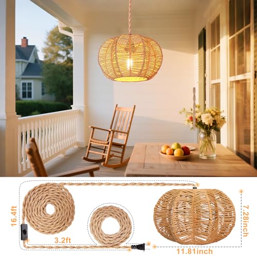 Hanging Light Fixture with Plug in Cord with on Off Switch, Rattan Pendant Lights Boho Lamp Ceiling Light, Plug in Pendant Light Hanging Lamp Shades for Living Room Decor Bedroom Kitchen - size: 11.8 Inch-Ball Cactus Shade