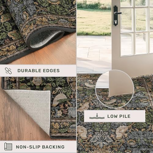 Hazo Haus Washable Dark Vintage Floral Rugs for Entryway - Small 2x3 Washable Rug for Kitchen Bathroom Door Mat Indoor Entrance with Bird & Botanical Pattern, Brown Earthy Tones, Non Slip Low Pile - color: Dark Green / Brown, size: 2' x 3' (Rectangular)